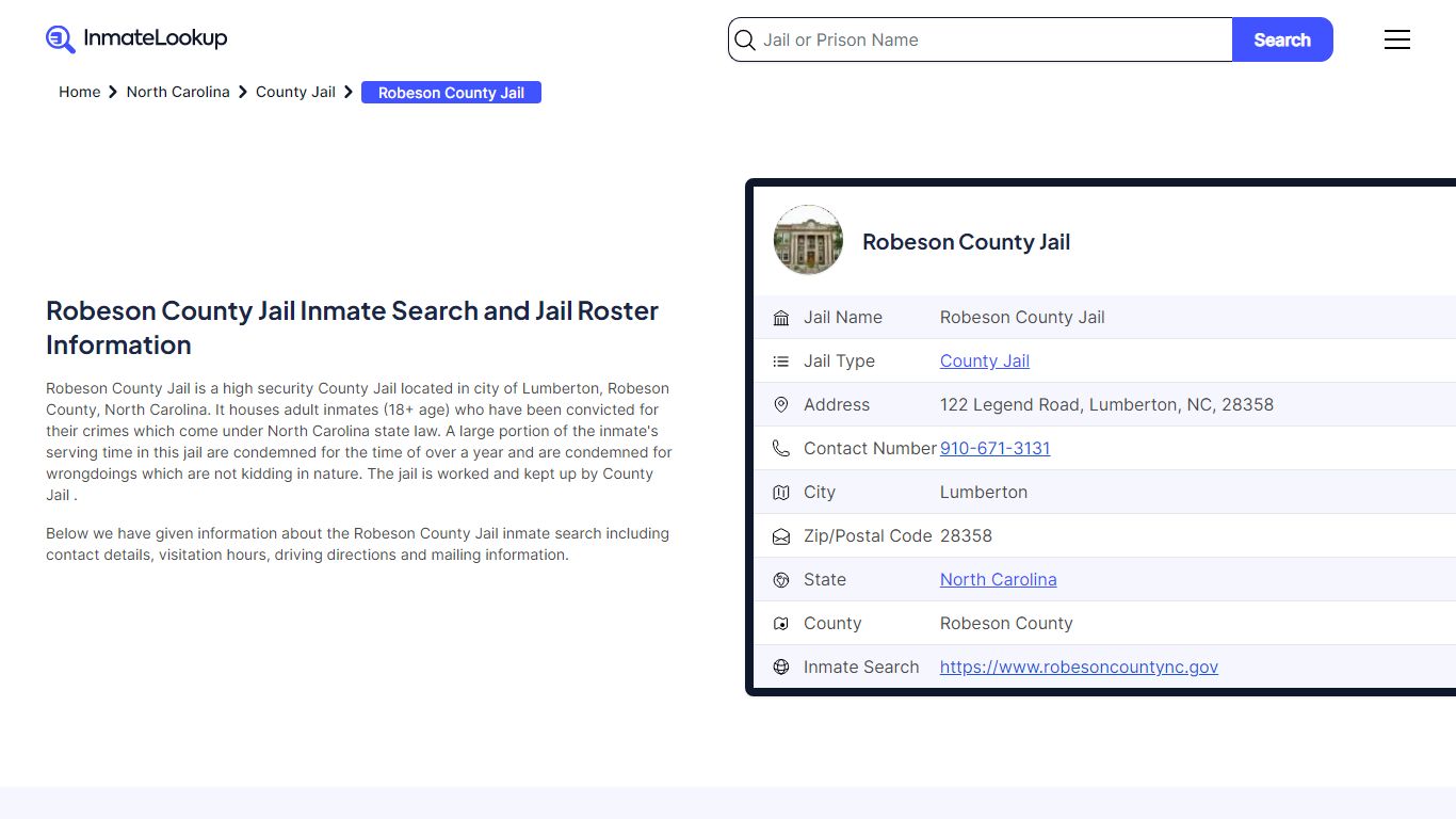 Robeson County Jail Inmate Search and Jail Roster Information